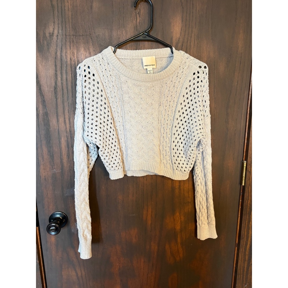 Industry Republic Clothing Womens Gray Cable Knit Pointelle Cropped Sweater XS